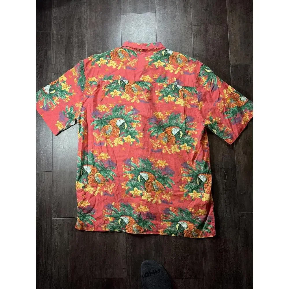 Island Republic Hawaiian Shirt Mens L Red Tropical Parrot Palm Print Rayon Butto